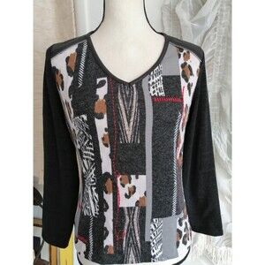 Womens Modern Print Pullover Sweater V Neck 3/4 Sleeve